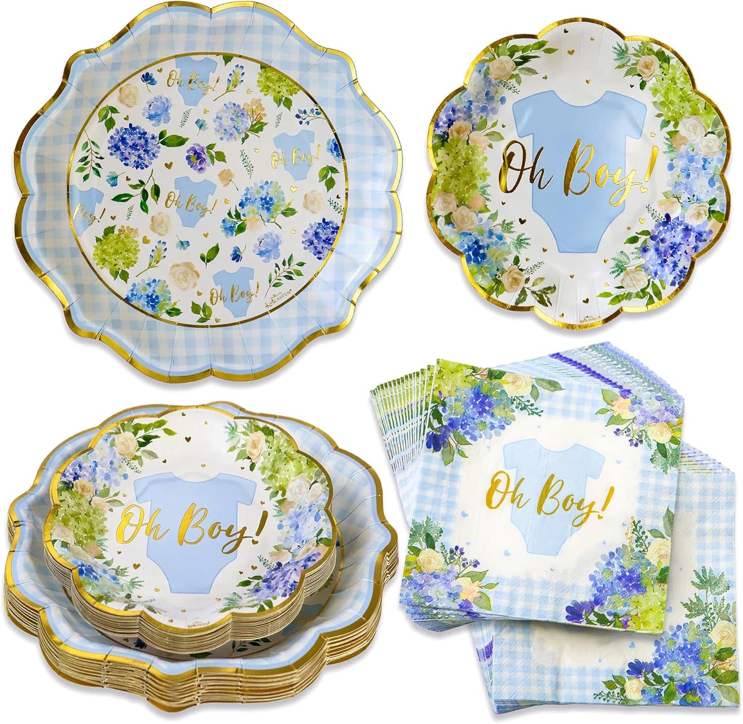 Kate Aspen Baby Shower Onesie Blue Floral & Gingham Tableware Set - 62pc. 16pcs 7 inch & 16pcs 9 inch Heavy Duty Disposable Party Plates, 30pcs 6.5 inch Durable Paper Napkins