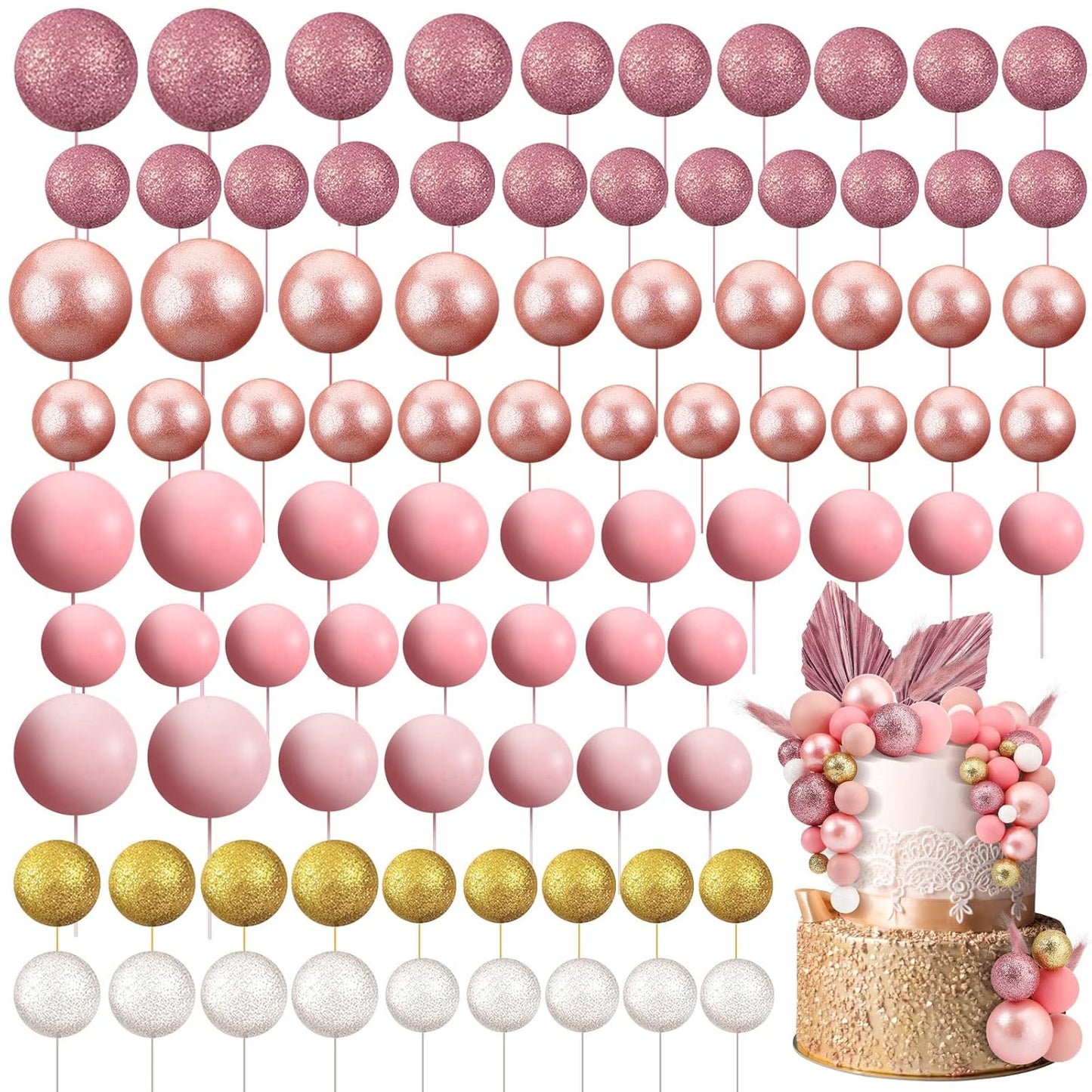 108 Pcs Balls Cake Topper DIY Cupcake Insert Foam Balloons for Cake Baking Wedding Anniversary Birthday Decoration(Assorted Pink, White, Gold,Multi Sizes)