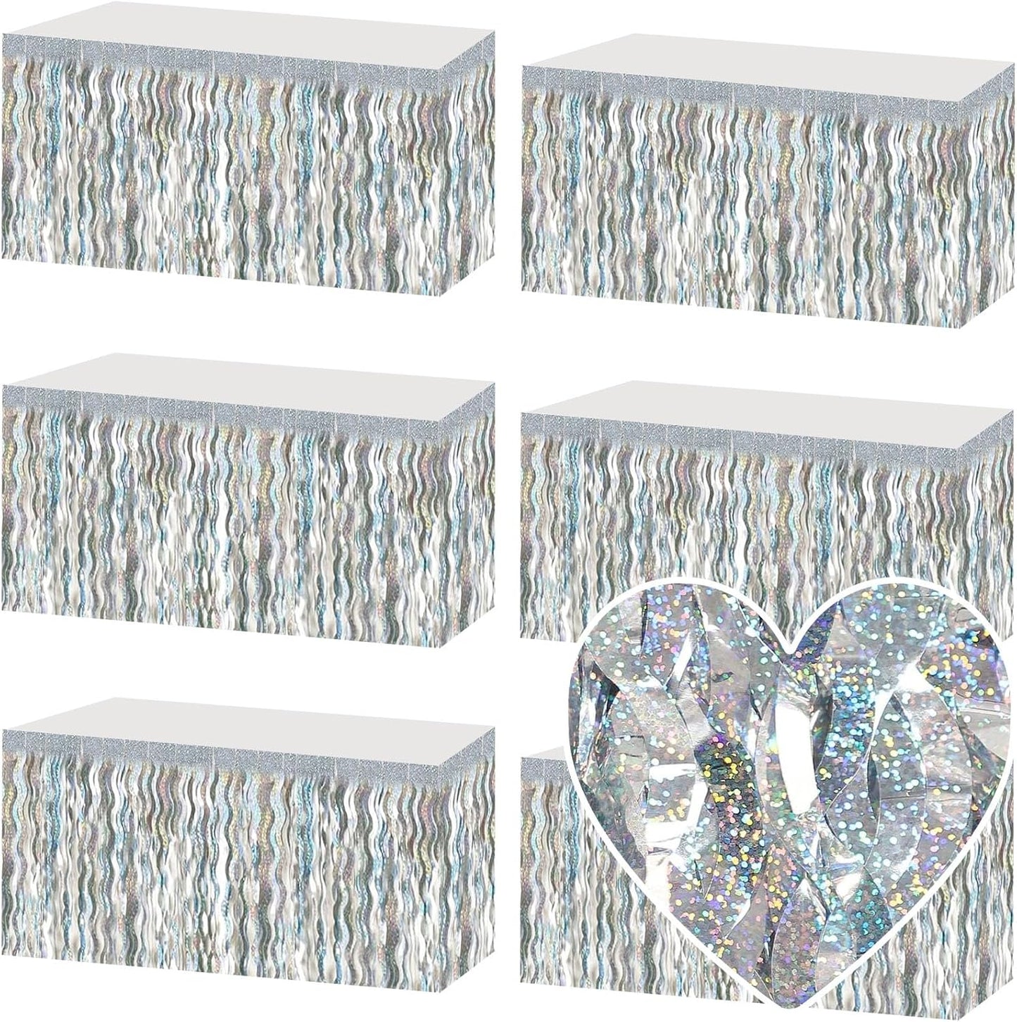 6 Pack 29x108 Inch Silver Wave Foil Fringe Table Skirts Metallic Banner for Tinsel Streamer Garland Backdrop for Parade Floats Mother's, Graduate, Mardi Gras, Birthday, Wedding Party Decorations