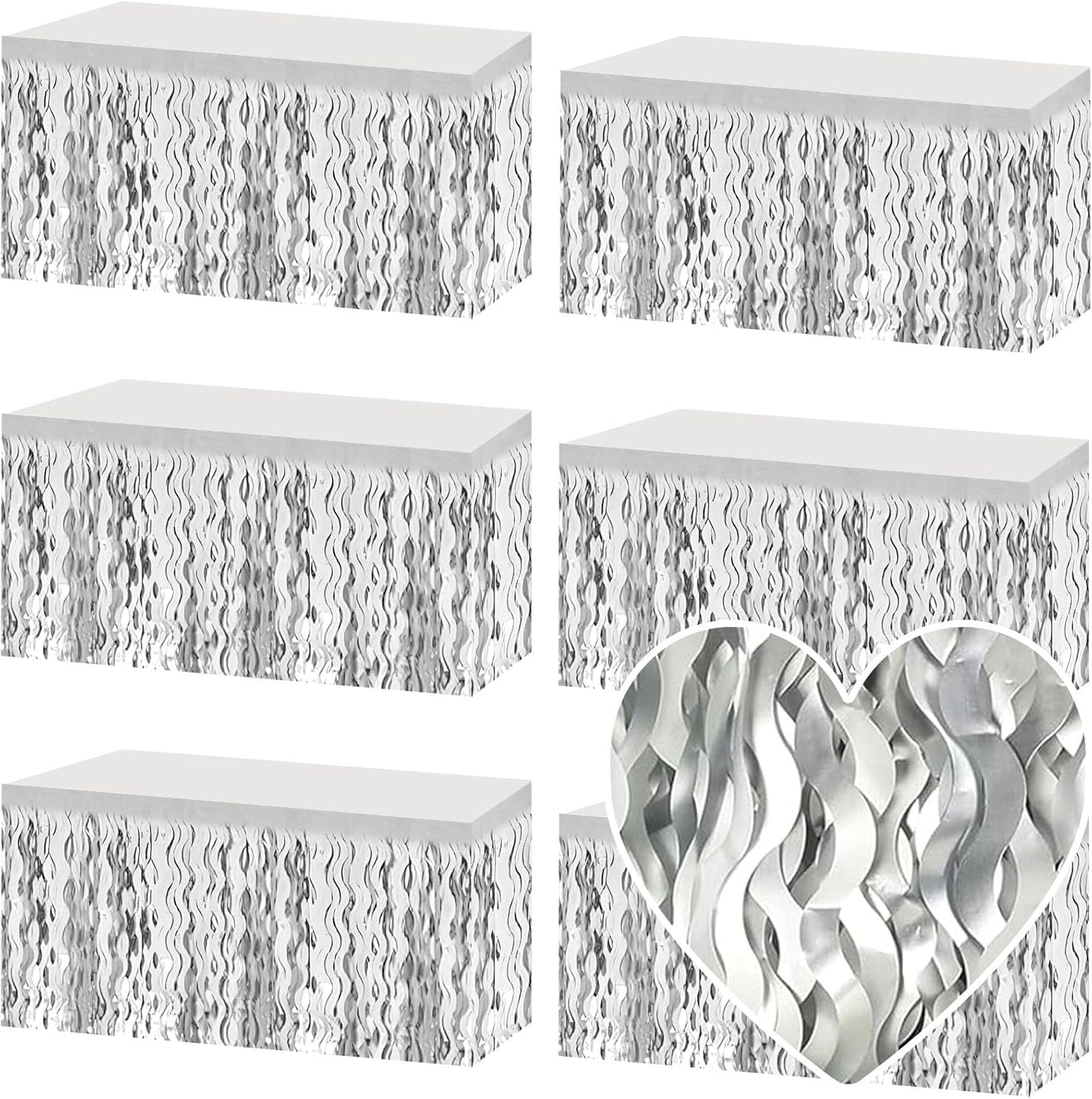 6 Pack 29x108 Inch Silver Wave Foil Fringe Table Skirts Metallic Banner for Tinsel Streamer Garland Backdrop for Parade Floats Wedding, Mother's Day, Birthday Mardi Gras Party Decorations