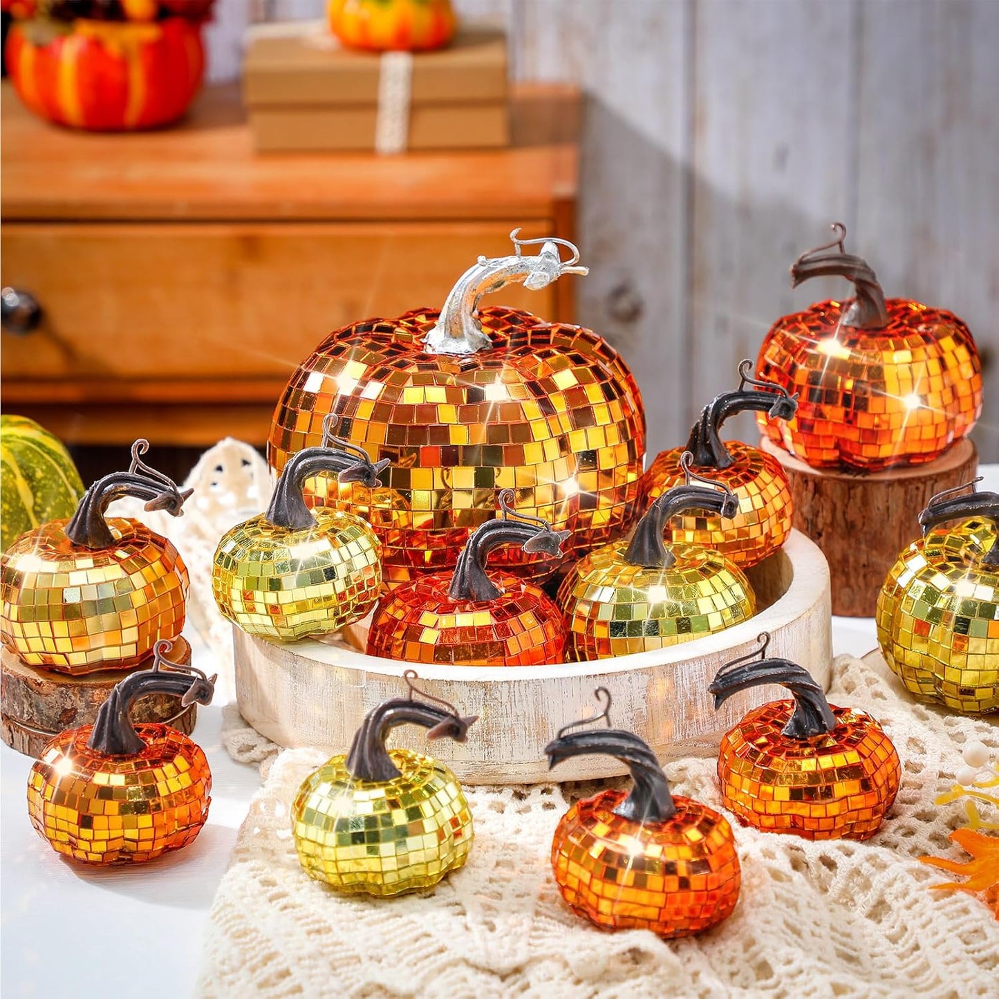 Lenwen 12 Pcs Artificial Disco Pumpkin Glitter Mirror Pumpkin for Decorating Fall Farmhouse Hanging Ornament Harvest Decor for Halloween Thanksgiving Table Centerpiece(Orange, Gold, Dark Gold)