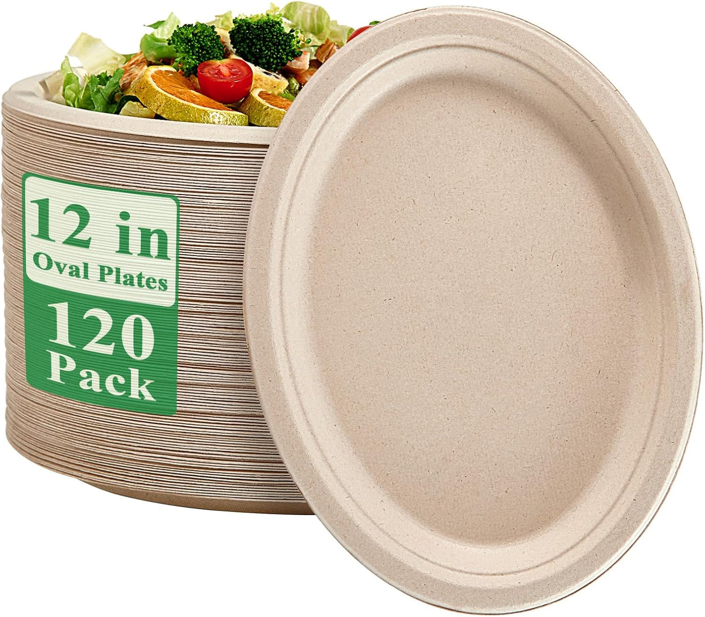Vplus 100% Compostable Oval Paper Plates 12 inch 120 Pack Super Strong Disposable Dinner Plates Natural Biodegradable Eco-Friendly Sugarcane Plates for BBQ, Party, Gathering, and Picnic