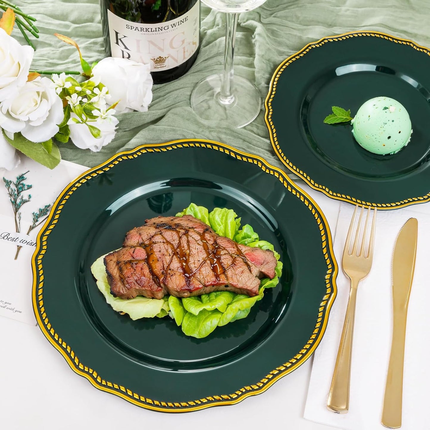 Hioasis 60pcs Green Plastic Plates - Green and Gold Disposable Dinnerware with Gold Rim, Heavy-duty, 7.5 inch, Dessert Plates for Party & Wedding