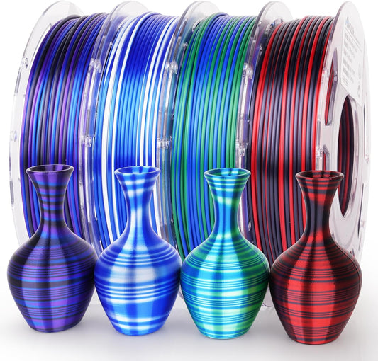 AMOLEN Silk PLA 3D Printer Filament Bundle, Multicolor Gradient Rainbow PLA 1.75mm Pack, Shiny Fast Color Change 3D Printing Filament for Most FDM 3D Printer, 200g X 4 Spools