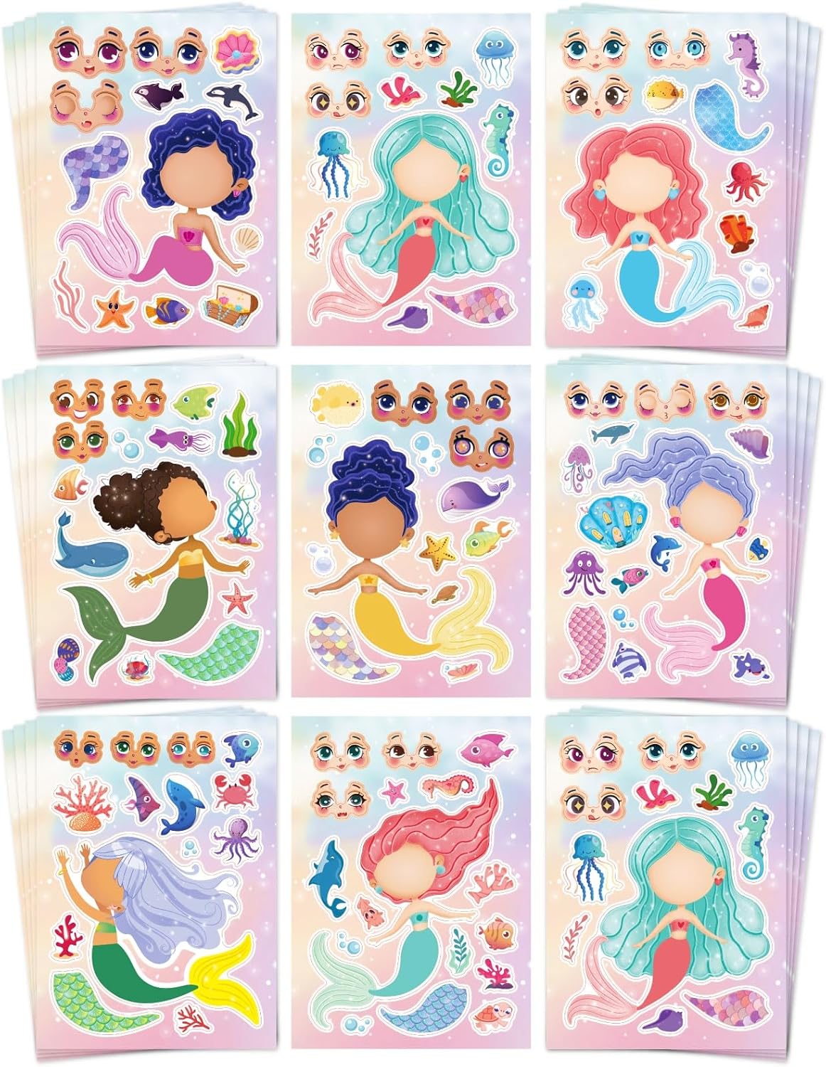 Aowplc 32 Sheets Mermaid Make‑A‑Face Stickers for Kids, Mermaid Party Favors for Girls, Birthday Crafts, Goodie Bag Stuffers