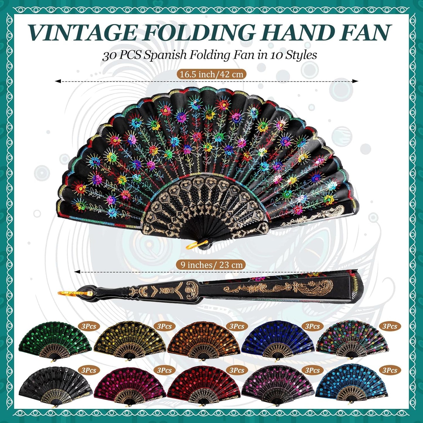 Geetery 30 Pcs Folding Hand Fan for Line Dancing Spanish Boots on The Ground Fans Gifts Bulk Colorful Silk Popping Rave for Women Tea Party Wedding Church Halloween Costume(Embroidery,Vintage Colors)