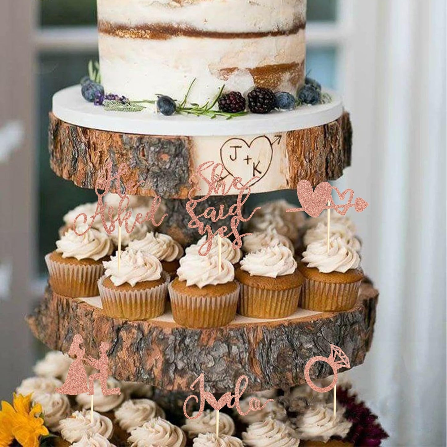24Pcs He Asked She Said Yes Cupcake Toppers Diamond Ring Heart I Do Cake Picks for Wedding Engagement Bridal Shower Party Cake Decorations - Rose Gold Glitter
