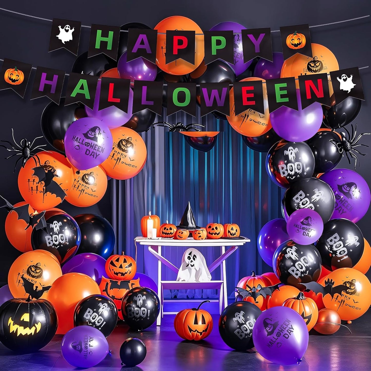 Halloween Party Balloons Kit 60-Pack 12inch Orange Black Purple Halloween Balloons with Ribbons for Party Balloons Decorations Theme Party Background Classroom Indoor and Outdoor Party