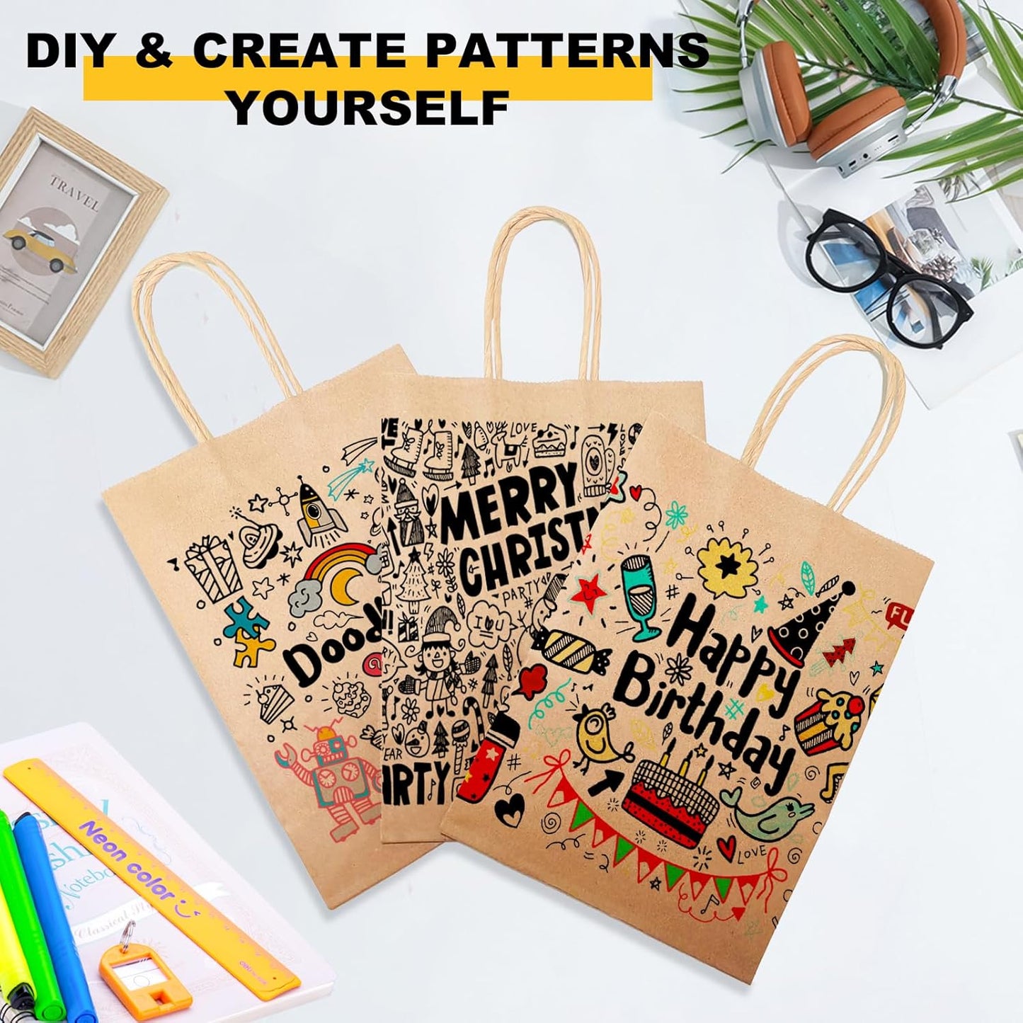 BAG BOX 100 Pcs Small 5.9x3.1x8.25 Inch Brown Kraft Paper Gift Bags with Handles for Bulk Wedding, Party Favors, Grocery, Shopping, Retail Merchandise, Gift Sacks