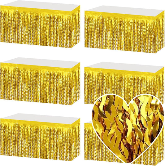 6 Pack 29x108 Inch Gold Wave Foil Fringe Table Skirts Metallic Banner for Tinsel Streamer Garland Backdrop for Parade Floats Wedding, Mother's Day, Birthday Mardi Gras Party Decorations