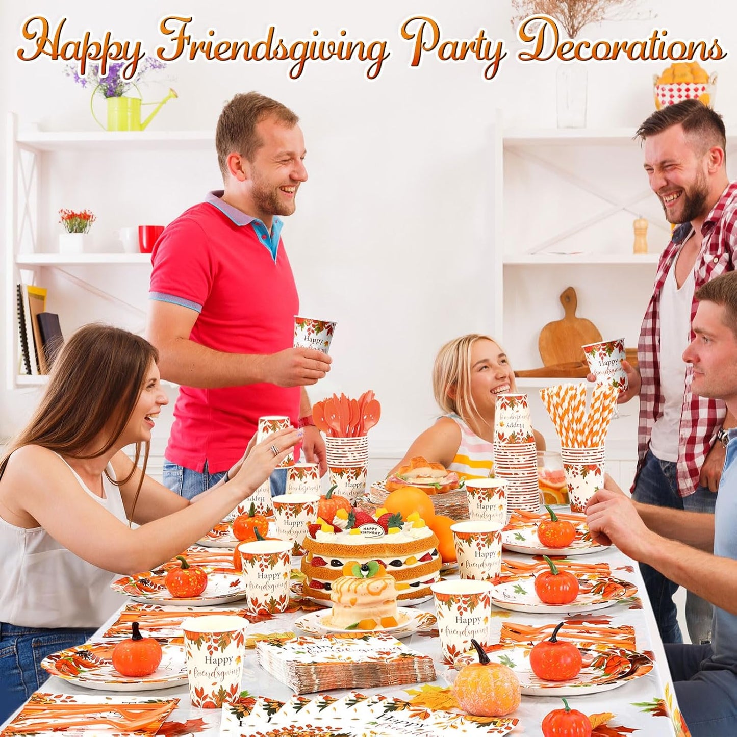 452 Pcs Happy Friendsgiving Party Decorations for 50, Fall Friendsgiving Paper Plates Napkins Cups Tablecloth Cutlery Straws for Autumn Harvest, Give Thanks Friends Giving Party Supplies