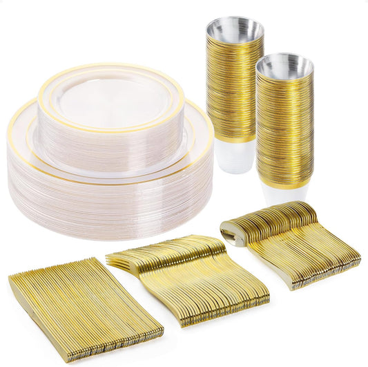 BESTVIP 150PCS Plastic Dinnerware Set (25 Guests), Clear Gold Disposable Plates for Party, Wedding, Christmas, Anniversary, Includes: Dinner Plates, Dessert Plates, Cups, Spoons, Forks and Knives
