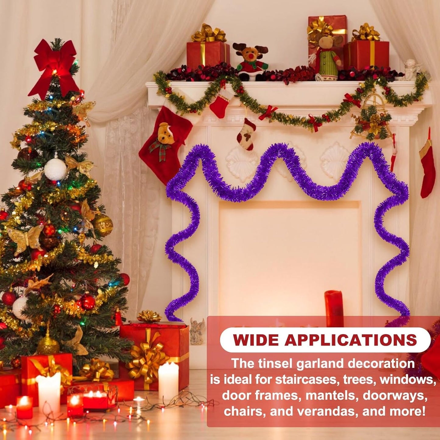 50 Feet Purple Christmas Tinsel Garland, Metallic Foil Twist Banner Wall Hanging Tinsel Streamers Backdrop for Parade Floats, Christmas, Mother's Day, Birthday Party Decorations(2in x 50ft)