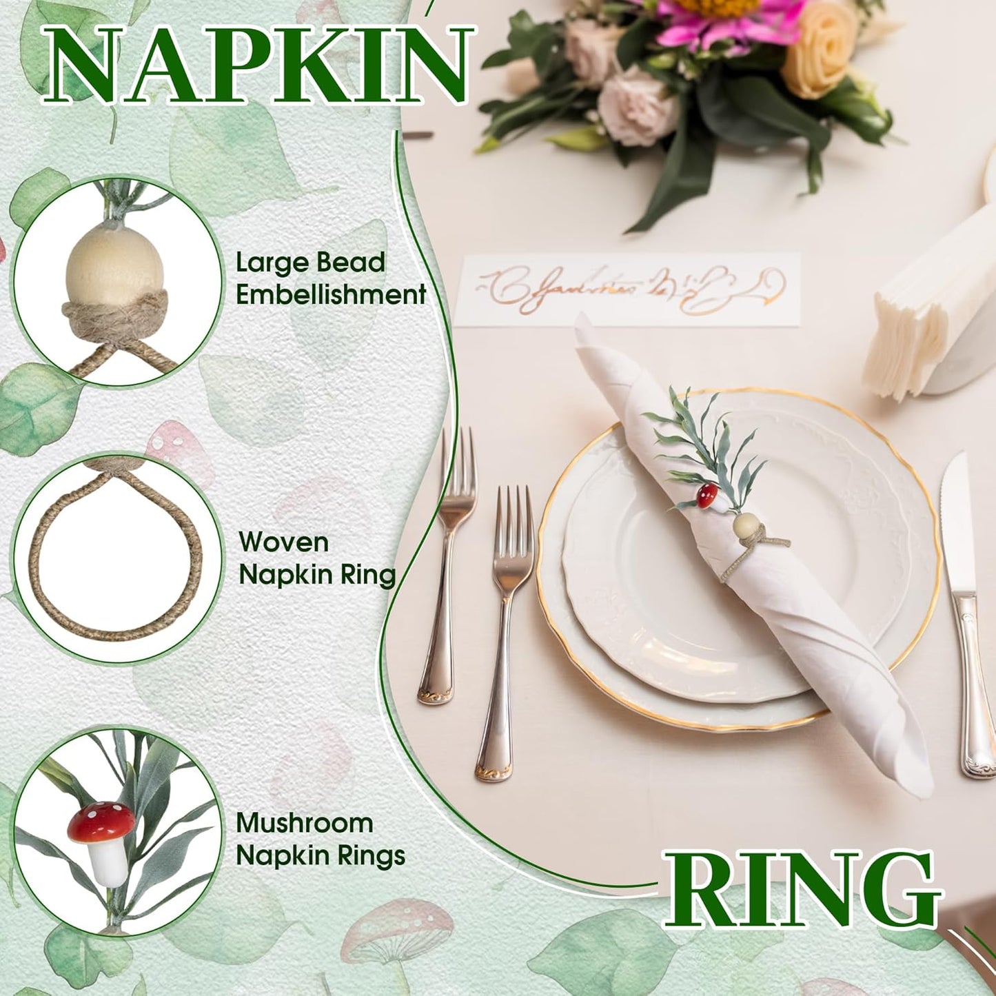 MAOANME Napkin Rings Set of 12, Rustic Eucalyptus Napkin Holder Rings with Wood Bead, Farmhouse Green Leaf Napkin Ring Bulk, Boho Napkin Ring for Wedding, Table Decor