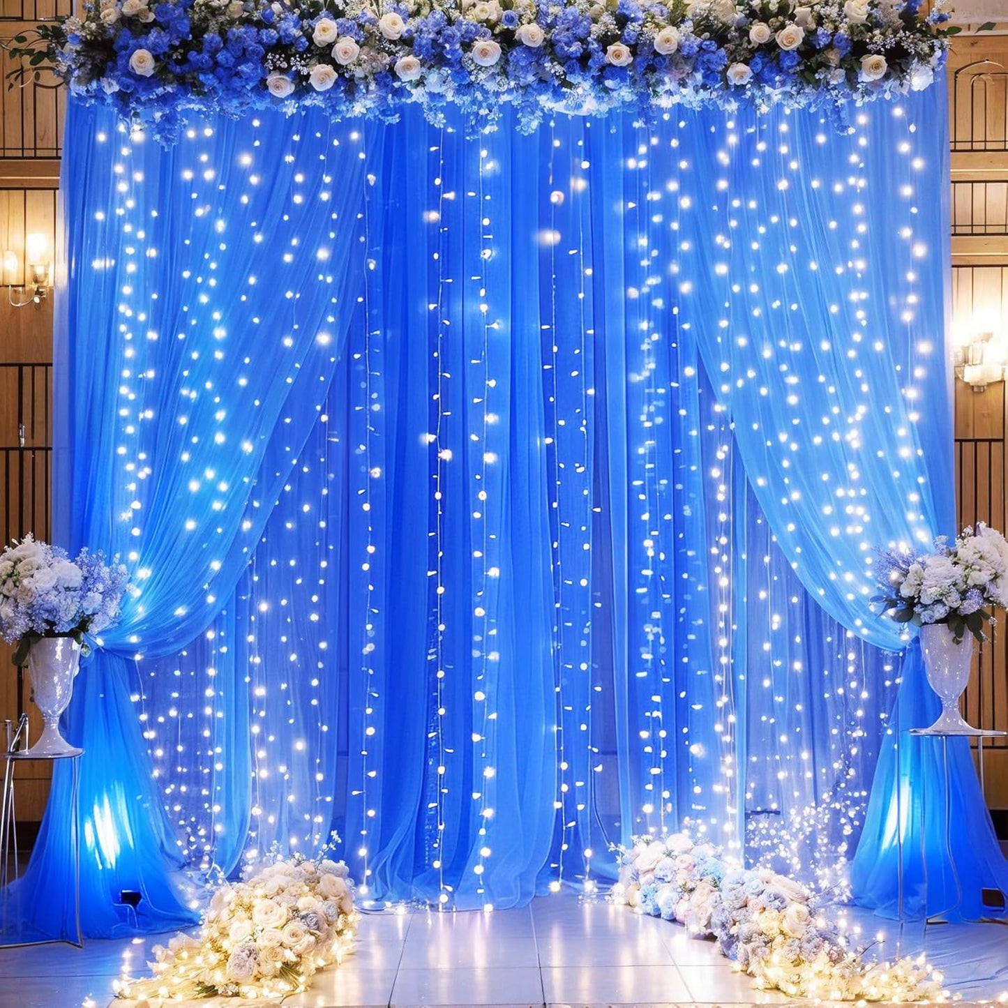 Royal Blue Backdrop Curtains with Lights String for Wedding Parties Sheer Tulle Backdrop Curtain Panels for Bridal Shower Baby Shower Birthday Photo Shoot Background Decorations 2 Panels 10×10ft