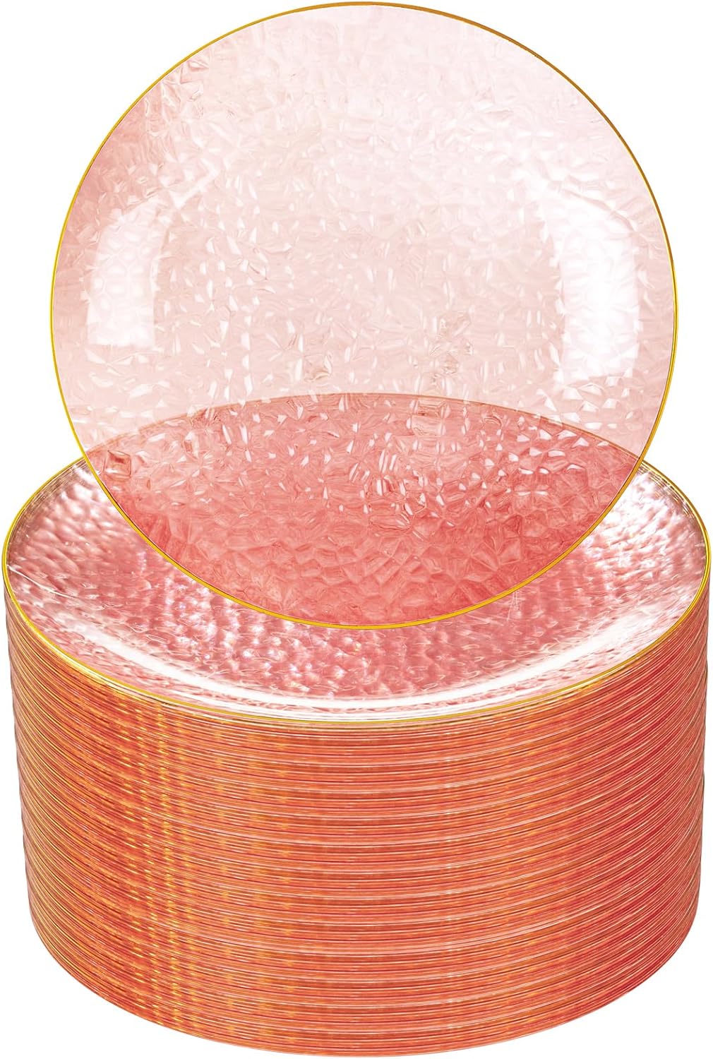 Rubtlamp 100 Pcs Pink And Gold Plastic Plates - 10 inch Clear Pink Gold Dinner Plates - Hammer Pattern Design - Fancy Disposable Plates - Heavy-Duty Party Plates Ideal for Mother's Day