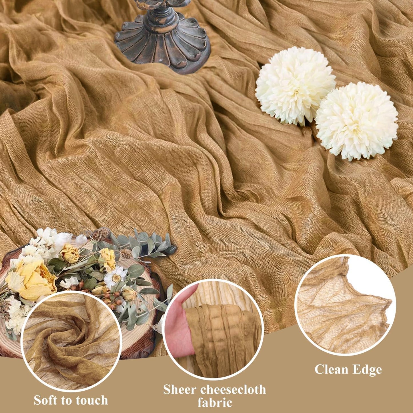 Asee'm Cheesecloth Table Runner 120 Inches Long Khaki Boho Gauze Cheese Cloth Runner 10FT Rustic Sheer Fall Table Runners for Thanksgiving Christmas Wedding Party Baby Shower Decoration