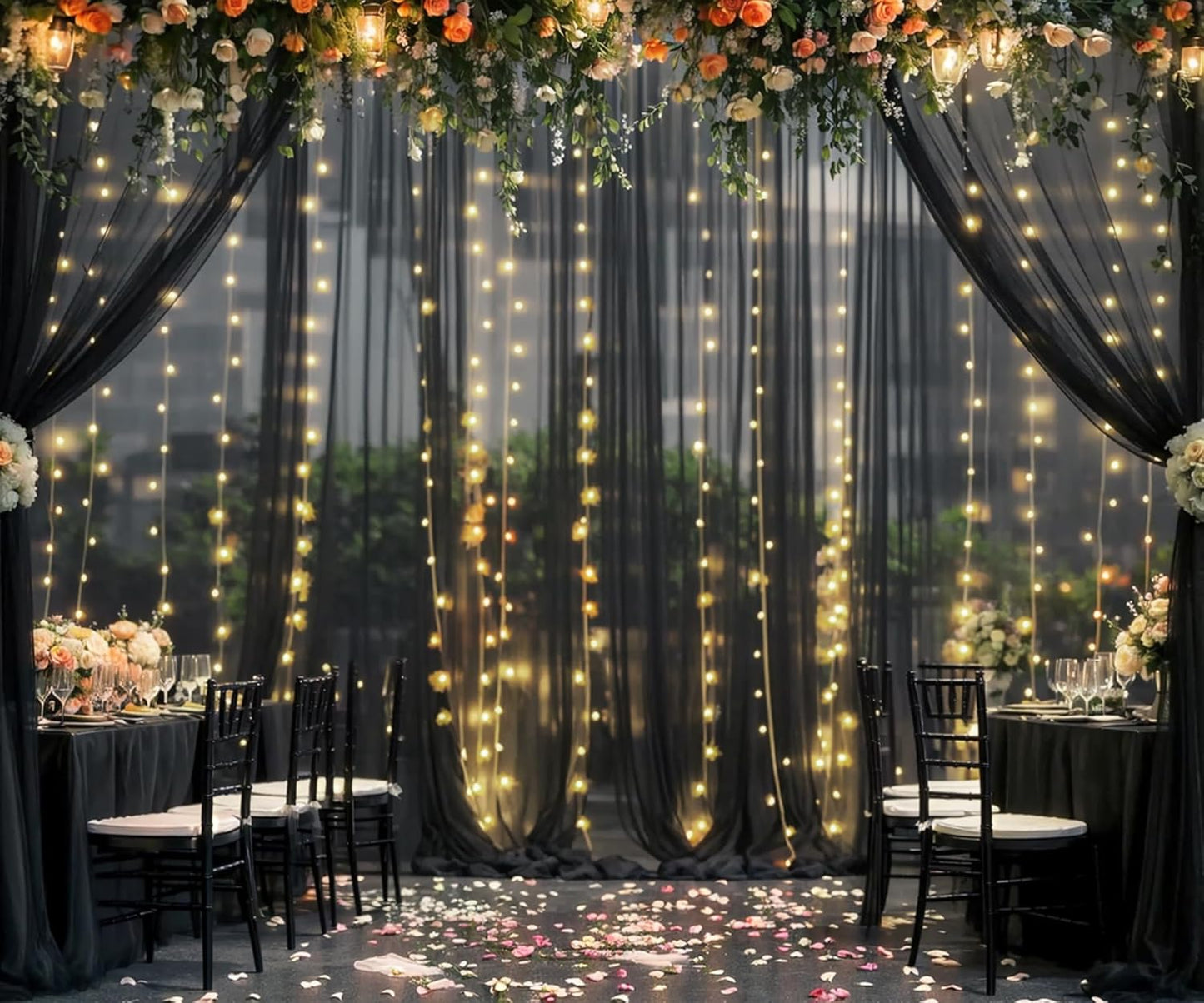 Black Tulle Backdrop Curtain with Lights String for Parites 20ft×8ft Black Sheer Backdrop Curtains for Baby Shower Wedding Bridal Shower Birthday Party Photo Shoot Decorations(4 Panels 5×8ft)