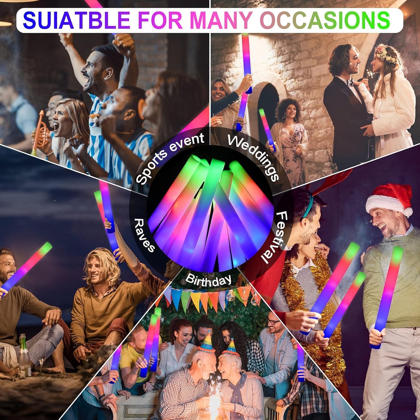 LifBetter 192 Pcs Foam Glow Sticks Bulk,Led Glow Sticks with 3 Modes Colorful Flashing,Long Life Battery Glow In The Dark Party Supplies for Weddings,Parties,Festivals,Sporting Events