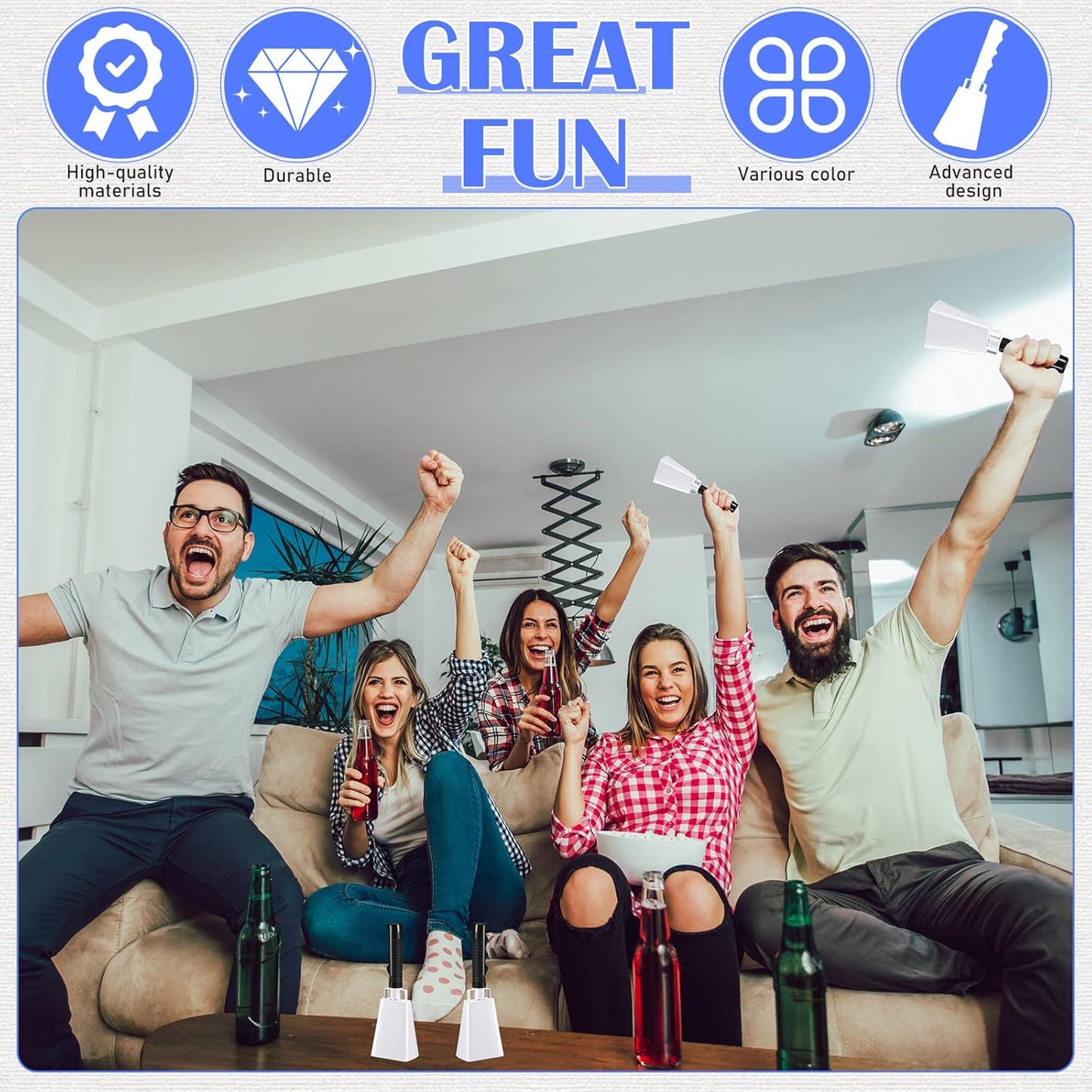 Pelopy 12 Pcs Large Cow Bell 9 '' Cowbell with Handle Cowbells for Sporting Events Hand Percussion Cheering Bell Chimes for Football Game, Alarm Loud Noise Makers, Musical Instrument(White)