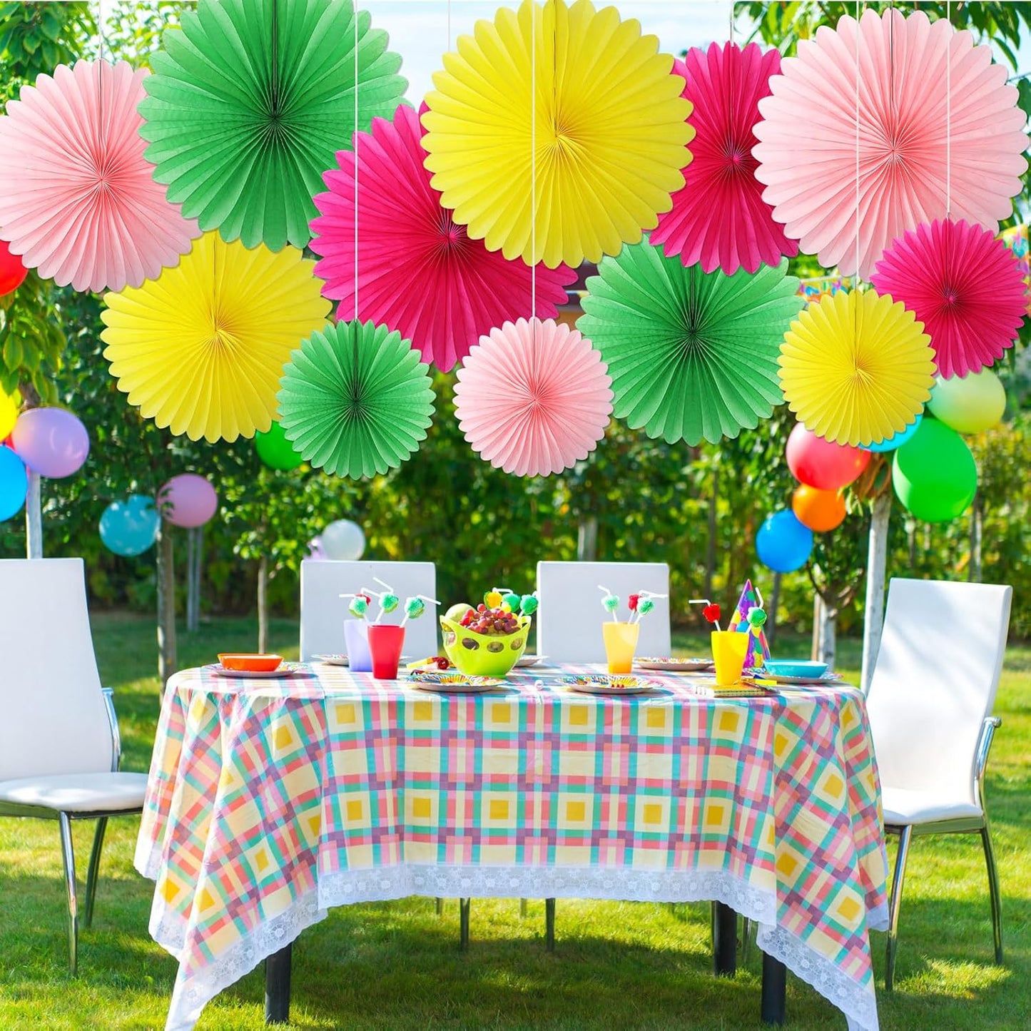 24 Pcs Colorful Paper Fans Party Hanging Decorations Rainbow Classroom Wall Decor Pink Green Rose Red Yellow Background Ceiling Decor for Birthday Wedding Baby Bridal Shower Engagement