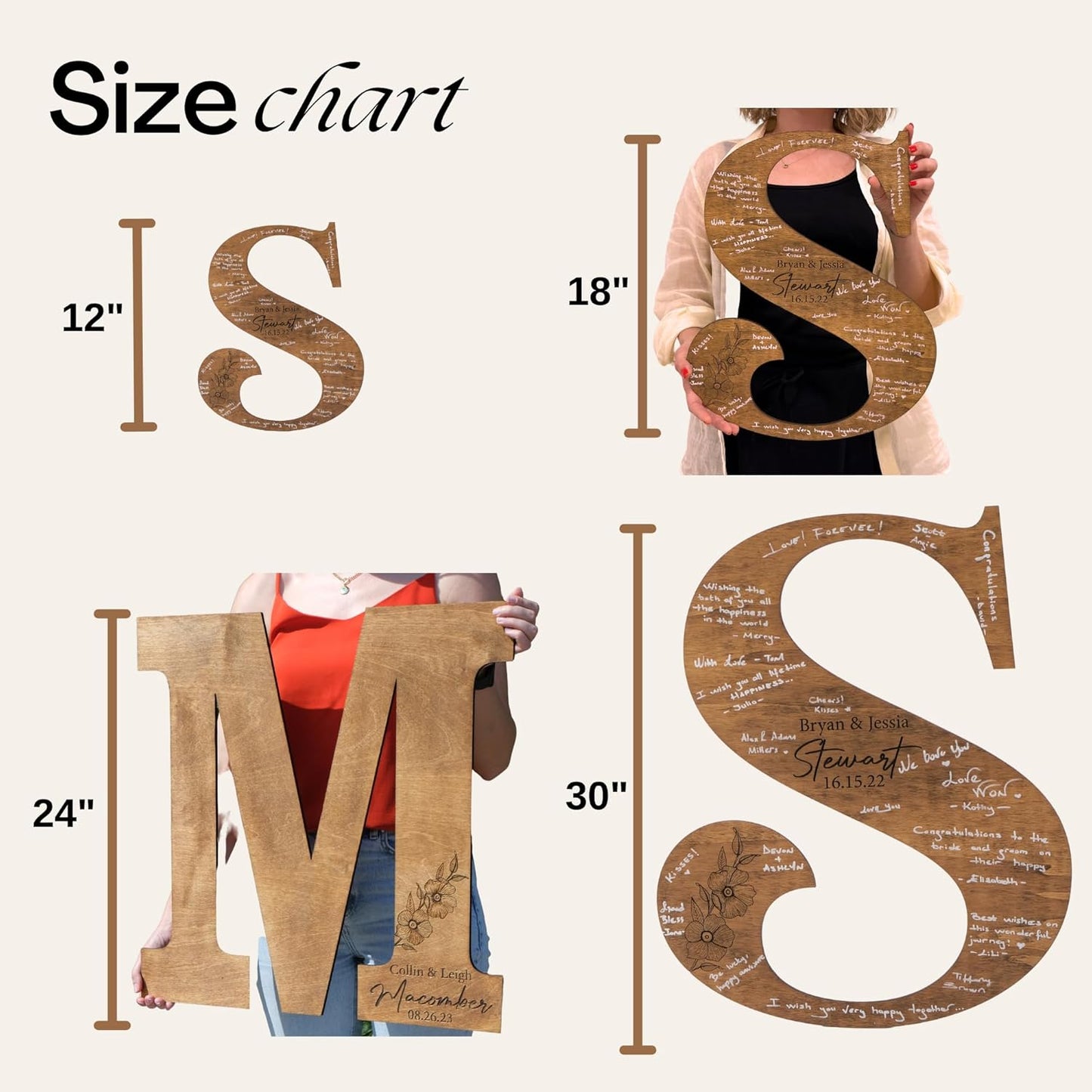 Wedding Guest Book Sign with Pen, Personalized Wooden Letter Monogram, Custom Last Name and Date, Laser Engraved Guestbook Alternative for Couple, Large Sizes Options