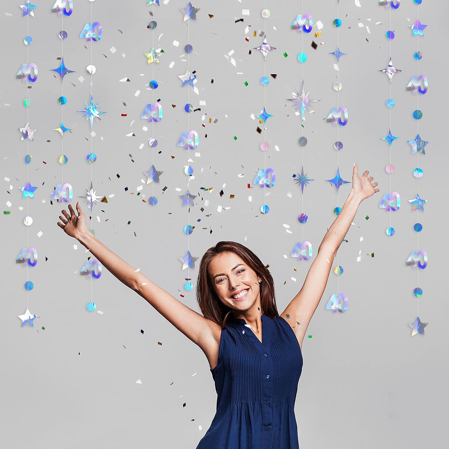 Iridescent 40th Birthday Decorations Number 40 Circle Dot Twinkle Star Garland Metallic Hanging Streamer Bunting Banner Backdrop for Women Mens 40 Year Old Birthday Forty Anniversary Party Supplies