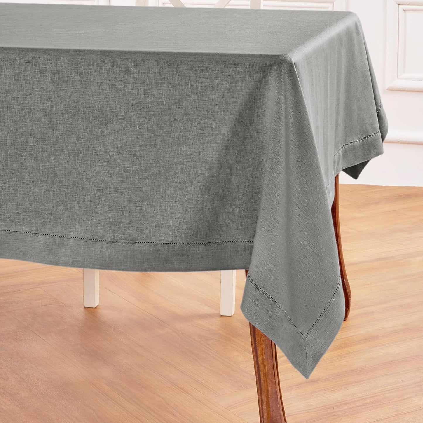 Solino Home Linen Tablecloth 60 x 108 Inch - Classic Hemstitch 100% Pure Linen Steel Gray Table Cloth for Rectangle Tables - Machine Washable Tablecloth for Fall, Autumn