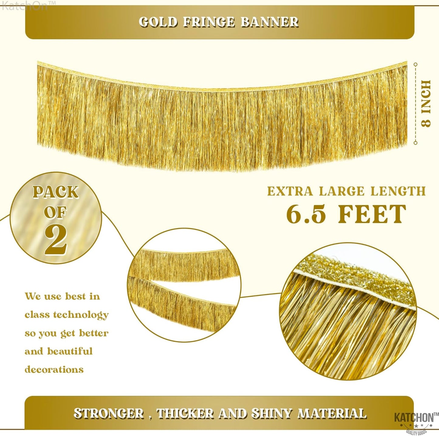 KatchOn, Pack of 2 Gold Fringe Garland - Gold Tinsel Banner for Birthday Party Decorations, Bridal Shower | Golden Foil Curtains for Golden Party Decor, Wedding, New Years Decorations