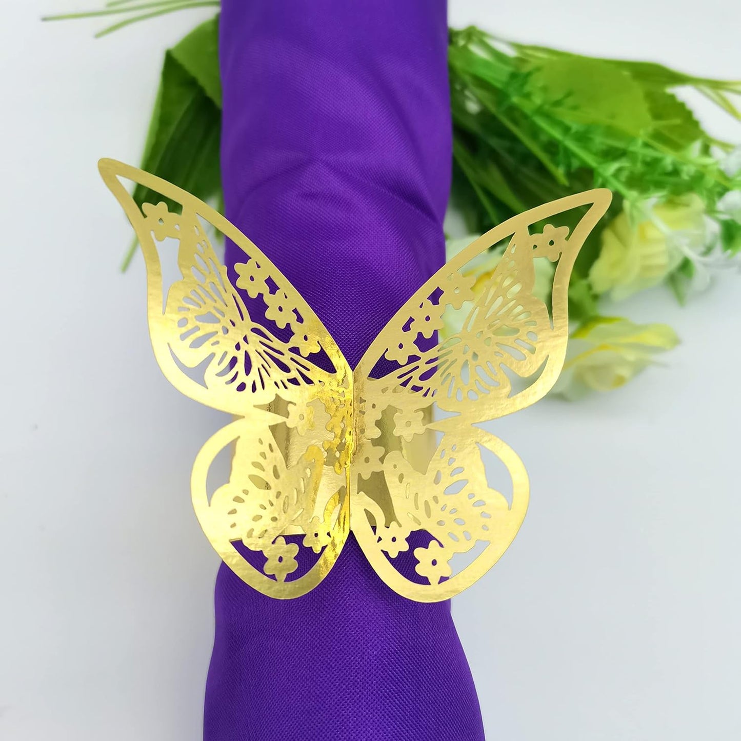 Butterfly Gold Paper Napkin Rings Set of 100 pcs，3D Laser Cut Foil Cutout Paper Napkins Holder,Disposable Serviette Rings for Tables,Decorations,Wedding,Dinner,Party Decor, TYPE1