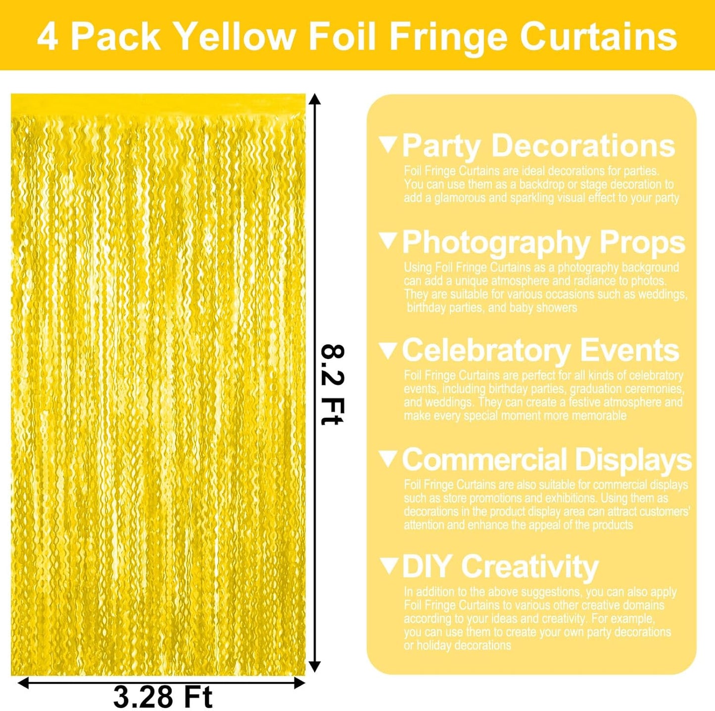 4 Pack MacaronYellow Wave Foil Fringe Curtain Backdrop, 3.28Ft x 8.2Ft Metallic Tinsel Foil Fringe Streamer Curtains for Photo Booth, Mother's Day, Easter, Birthday, Wedding Party Decoration