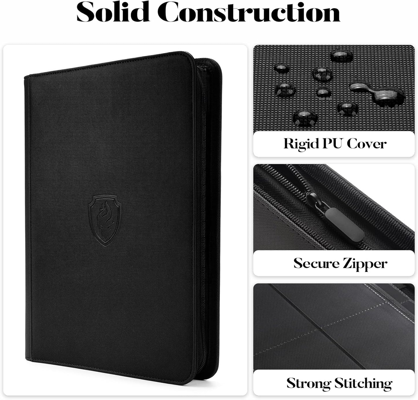 Premium Zip Card Binder, Fabmaker 9 Pocket Trading Card Binder, PU Cover Zipper Card Collection Album, Sturdy 360 Side-Loading Card Folder Holder for MTG, TCG, Game Cards, Sports Cards, Black
