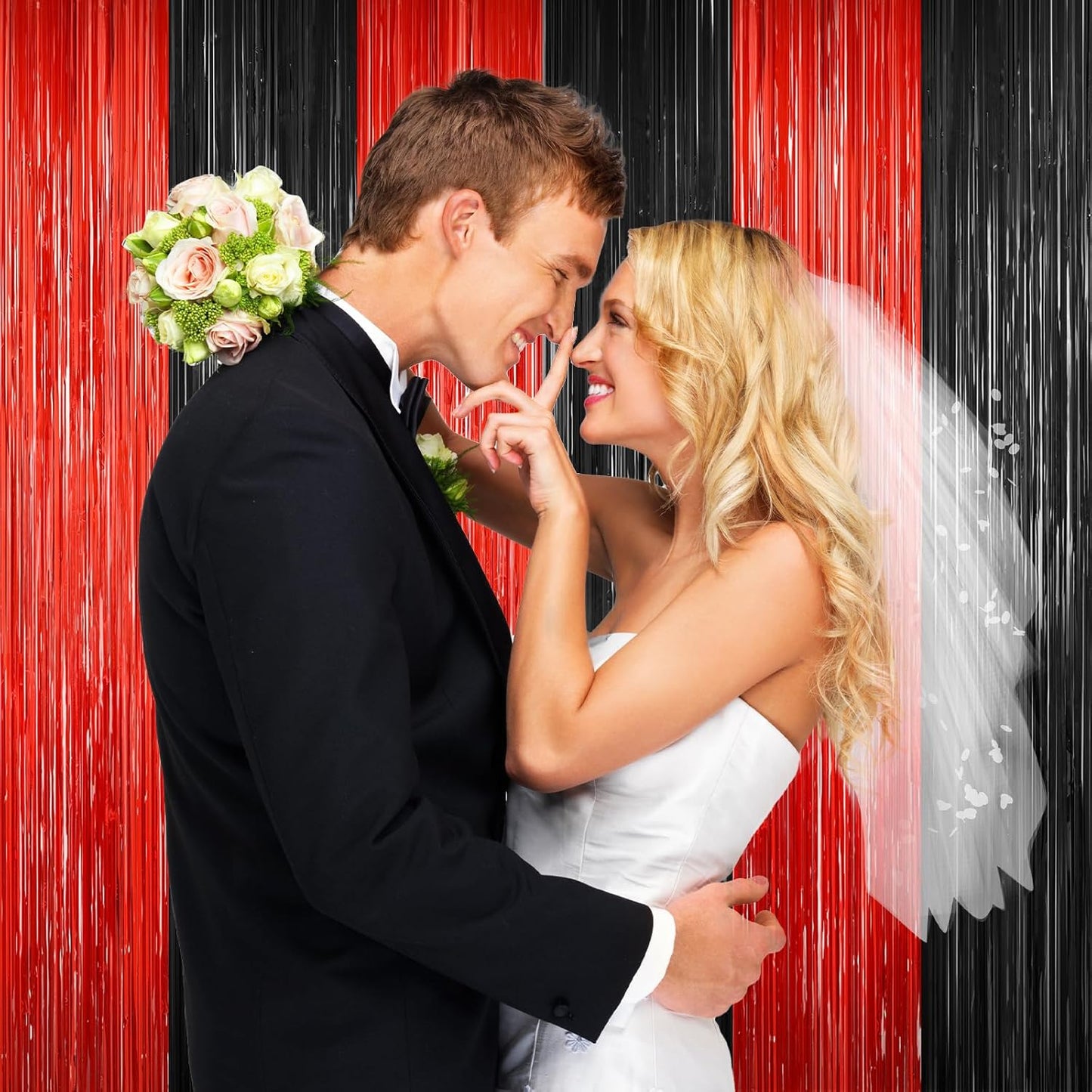 2Pack Black Red Backdrop Curtains Party Decor, Door Streamers Photo Booth Backdrop Metallic Party Streamer Tinsel Foil Fringe Curtains Backdrop Halloween Baby Shower Bachelorette Xmas Party Decors