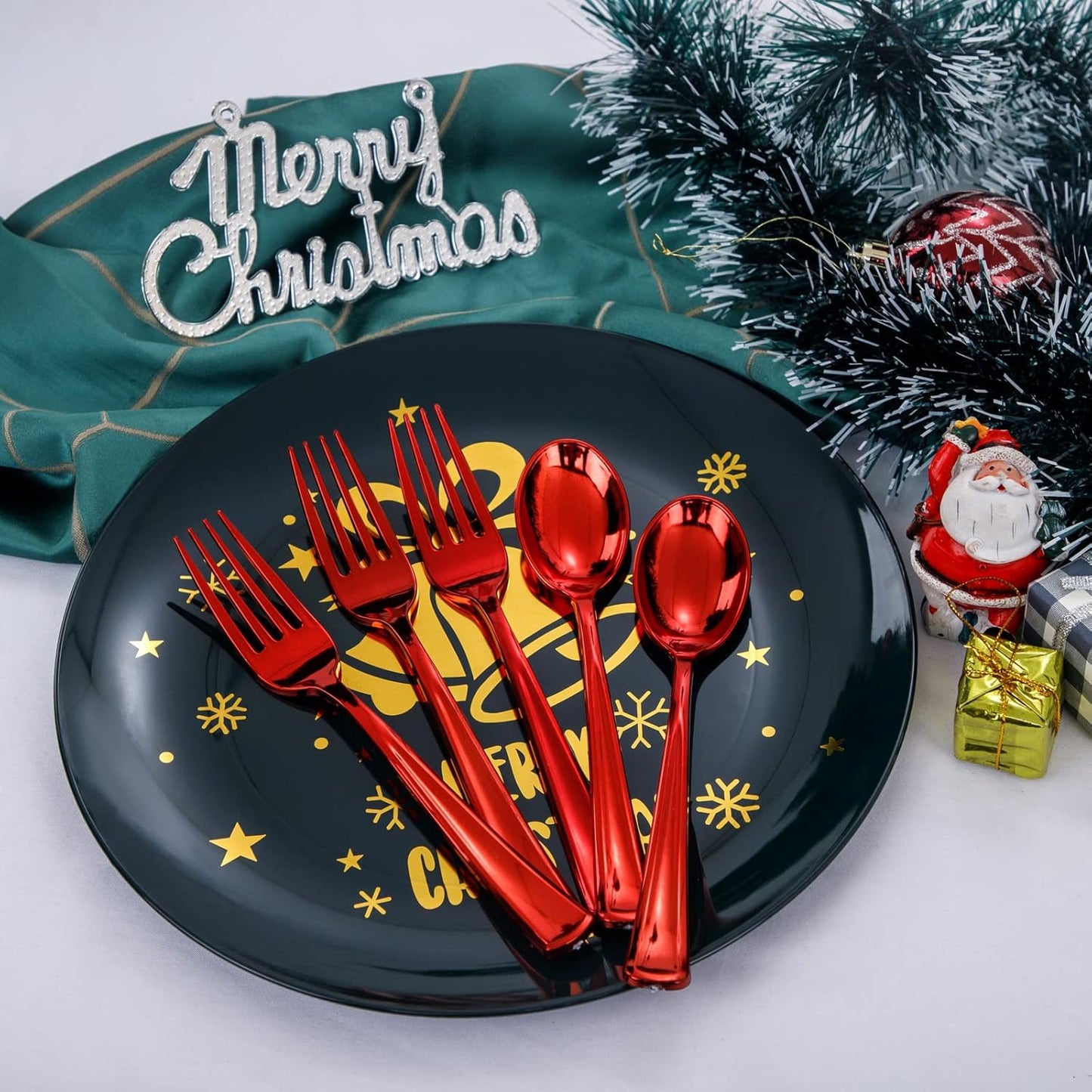 NOCCUR 180PCS Red Plastic Silverware Set - Red Flatware Set Heavy Duty - Include 60 Forks, 60 Spoons, 60 Knives - Ideal for Christmas Party