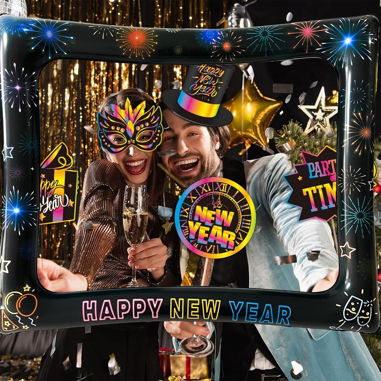 2026 New Year Photo Booth Inflatable Frame Kit, 30Pcs Colorful Neon New Years Photo Booth Props with Inflatable Picture Frame for New Year Eve Party Selfie Props Supplies