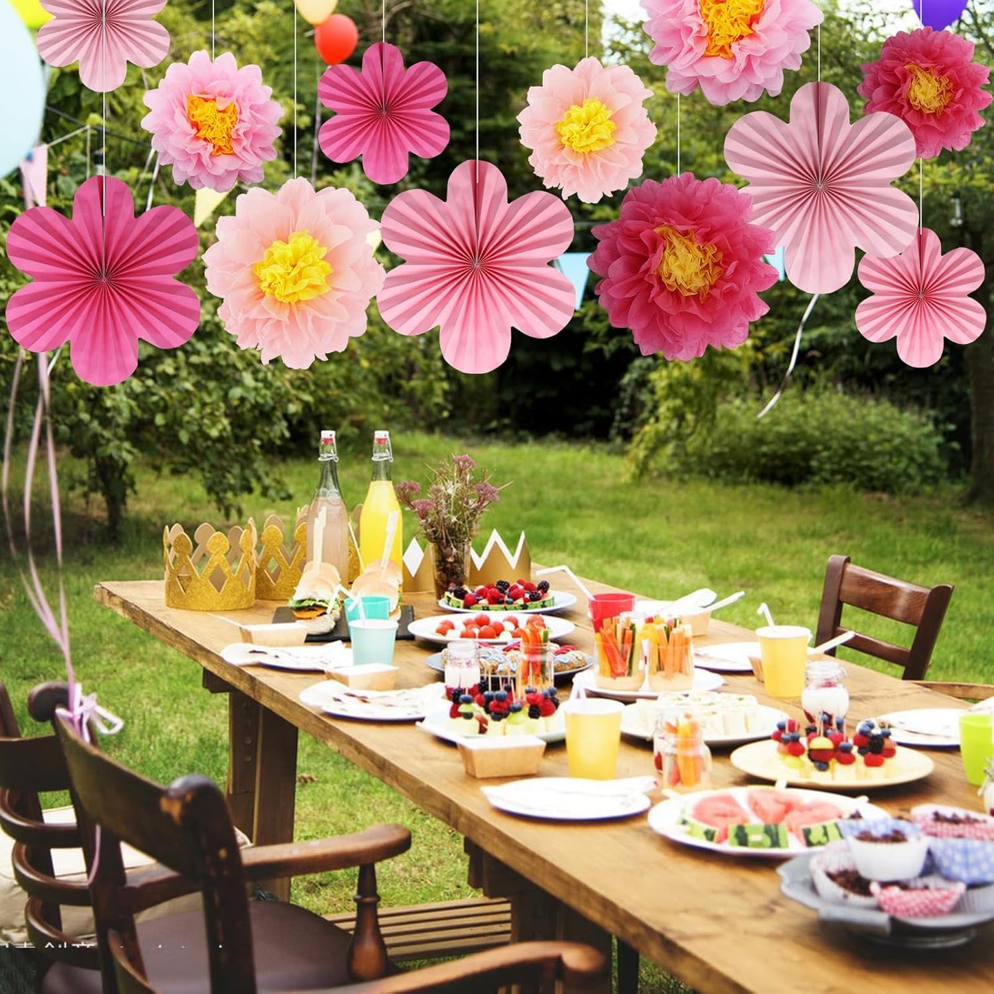 BestoFun 12PCS Paper Flowers Fans Hot Pink Party Decorations Tissue Paper Flowers Decorations for Girl Groovy Birthday Baby Shower Wedding Bachelorette Room Wall Hanging Décor