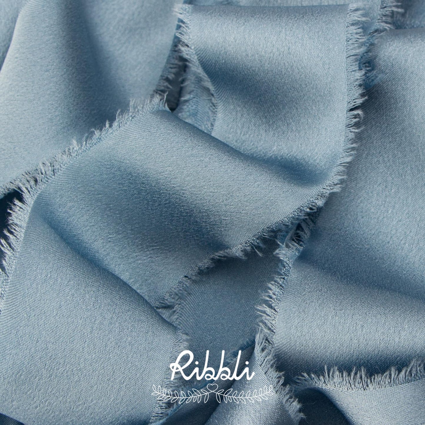 Ribbli Dusty Blue Silk Satin Ribbon 1.5 Inch x 12 Yard Handmade Frayed Chiffon Ribbon with Wooden Spool for Gift Wrapping, Wedding Invitations, Bridal Bouquets, Home Decor
