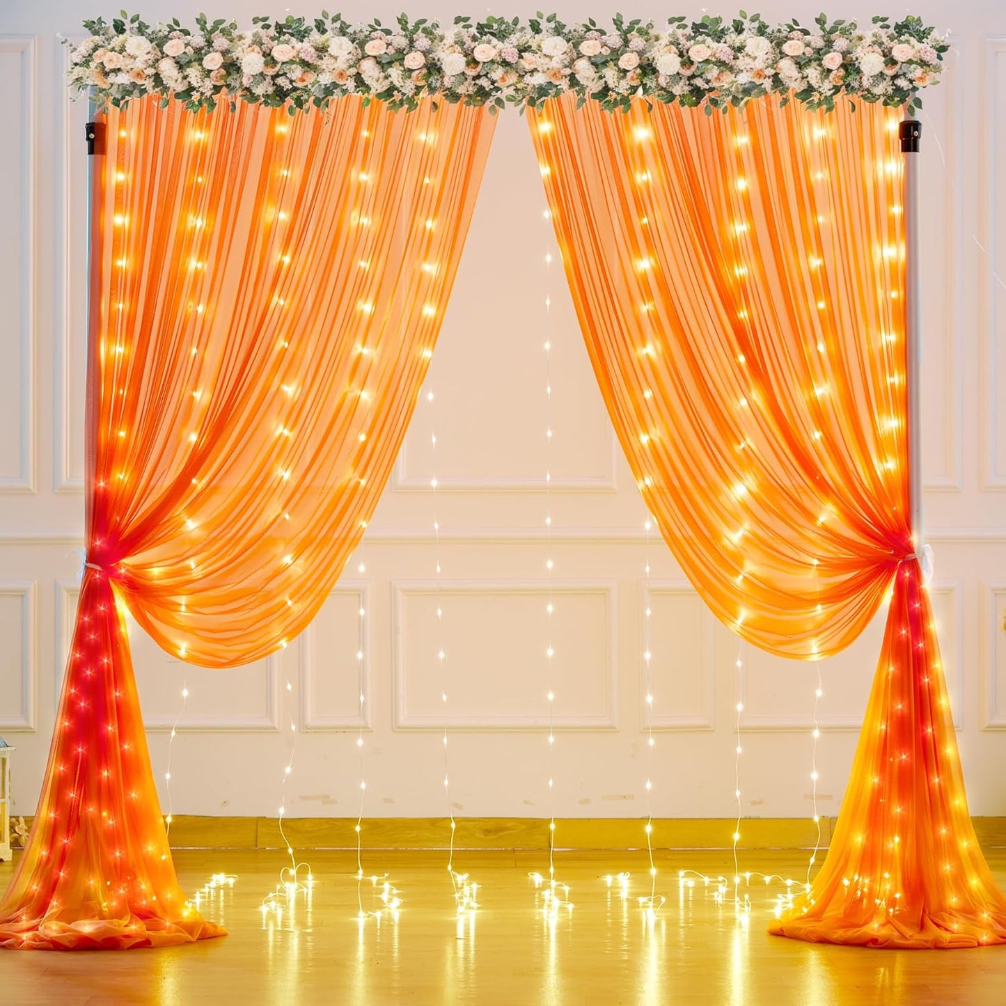Orange Tulle Backdrop Curtain with Lights String for Parites 10x10ft Sheer Backdrop Curtains Drapes for Birthday Party Baby Shower Wedding Ceremony Prom Halloween Photo Booth Background Decorations
