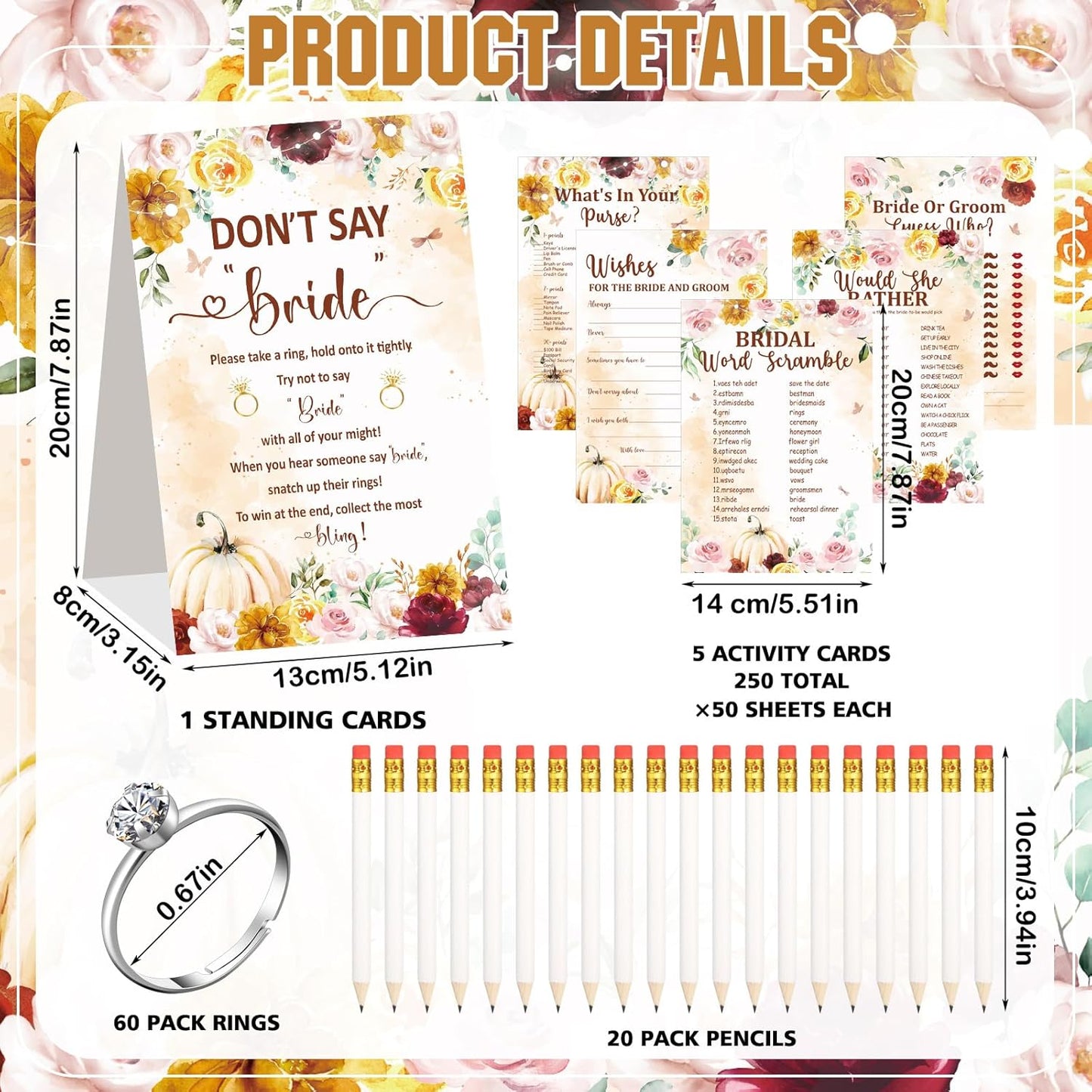 Estune 331 Pcs Bridal Shower Games Supplies, 5 Sets 250 Pcs Wedding Cards 1 Put a Ring on It Bridal Shower Games with 60 Rings and 20 Pencils(Fall in Love)