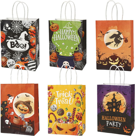 24 Pcs Halloween Paper Gift Bags, 6 Styles Halloween Goodie Bags with Handles, Halloweens Treat Bag Party Favors Bag Holiday Trick or Treat Party Supplies