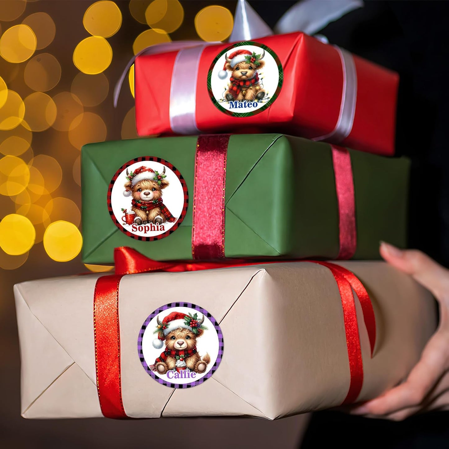 Personalized Christmas Stickers - Custom Name Waterproof Christmas Gift Tags for Gift Box Xmas Holiday Decorations Party Favors - 30 Stickers (Cow)