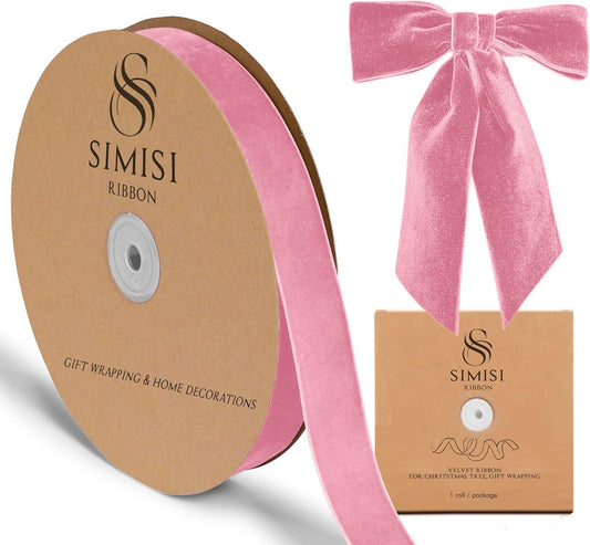 Pink Velvet Ribbon 1'' 25 Yards for Christmas Tree, Gift Wrapping, Flower Bouquet, Wreath Decorations, Bow Making