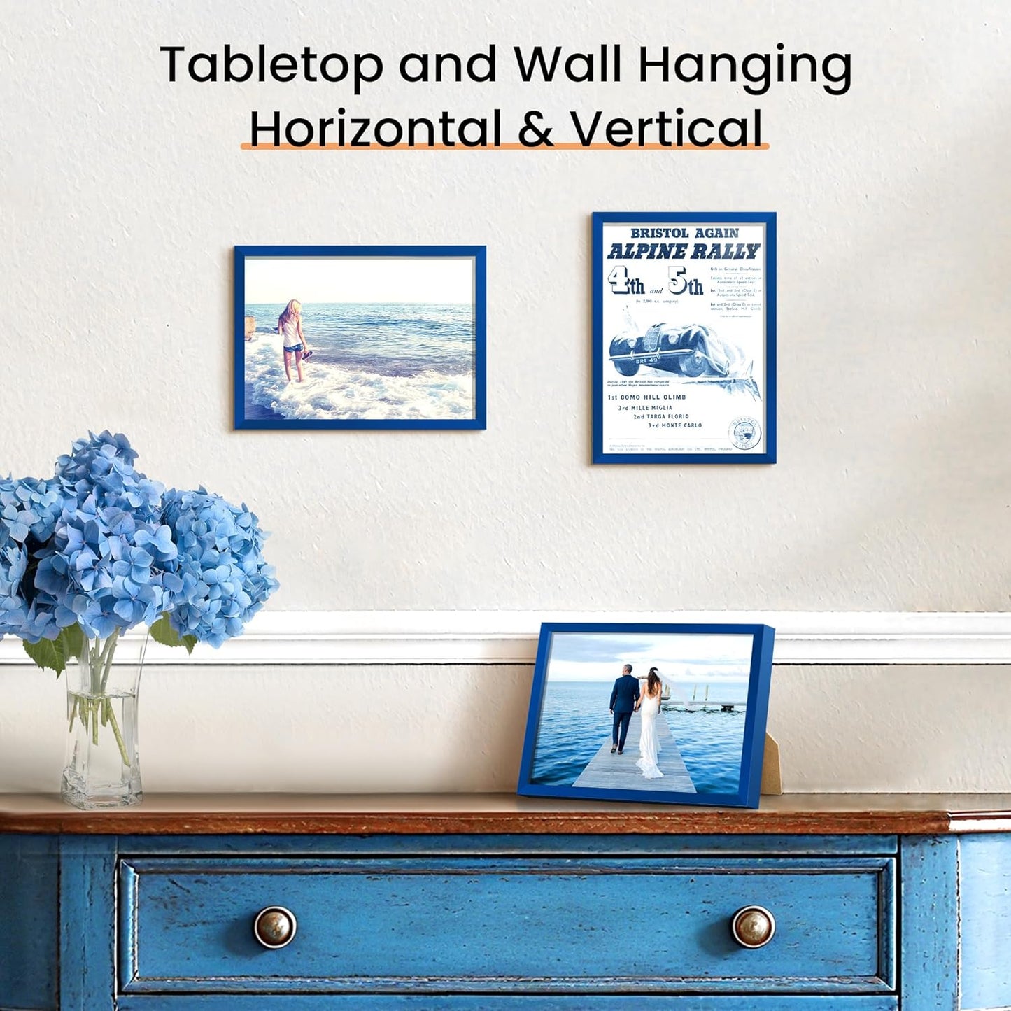 upsimples 5x7 Picture Frame Set of 3, Made of High Definition Glass for 5 x 7, Wall and Tabletop Display Thin Border Photo Frames for Home Decor, Blue