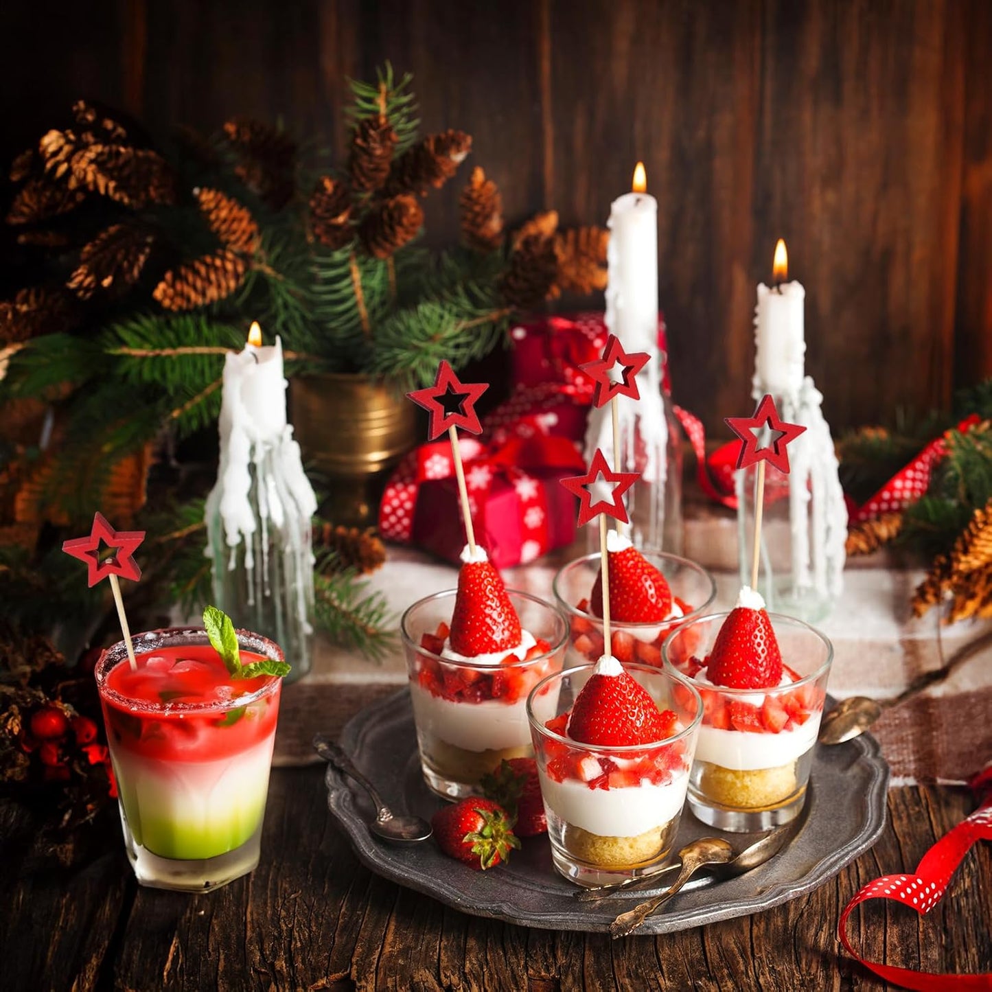 Minisland Big Red Star Cocktail Picks, 5.5 Inch Long Bamboo Fancy Toothpicks for Appetizers, Decorative Christmas New Year Holiday Party Food Drinks Garnish Fruit Skewer Sticks 50 Counts - MSL432