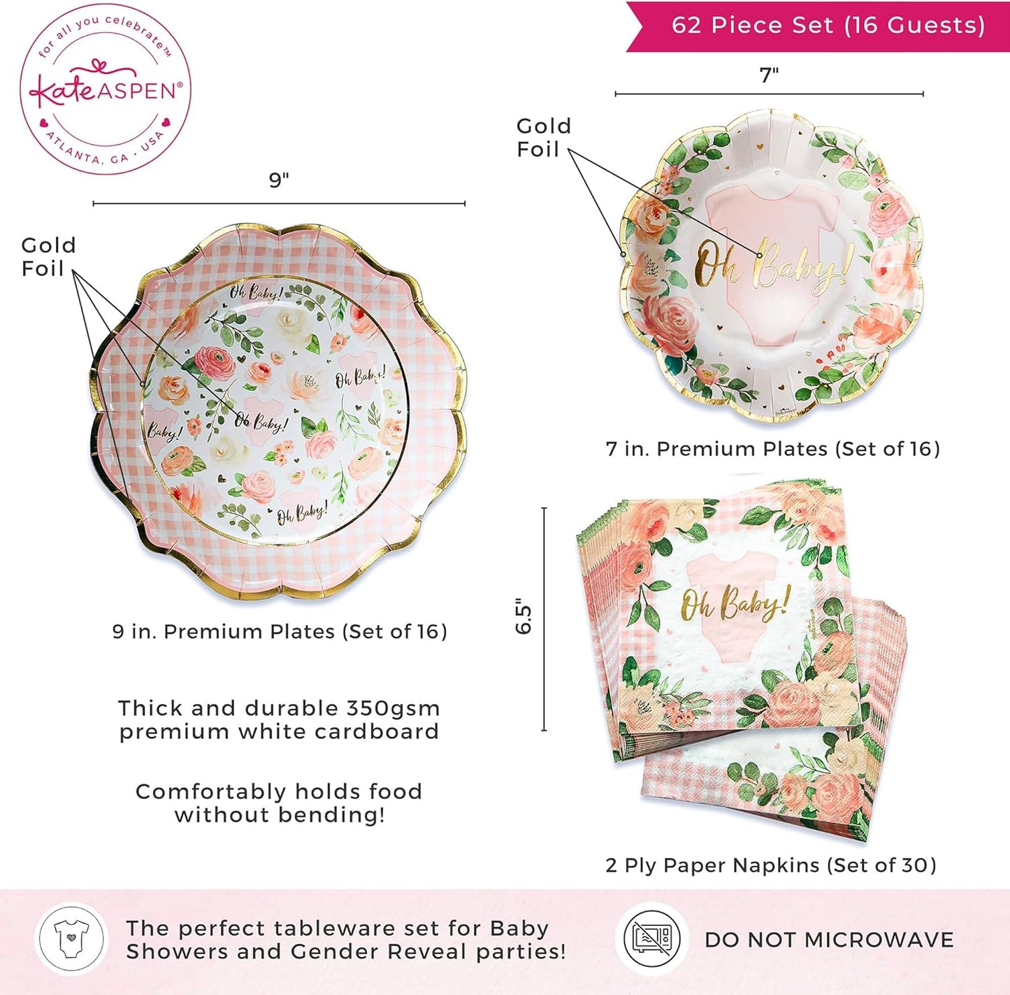 Kate Aspen Baby Shower Onesie Pink Floral & Gingham Tableware Set - 62pc. 16pcs 7 inch & 16pcs 9 inch Heavy Duty Disposable Party Plates, 30pcs 6.5 inch Durable Paper Napkins