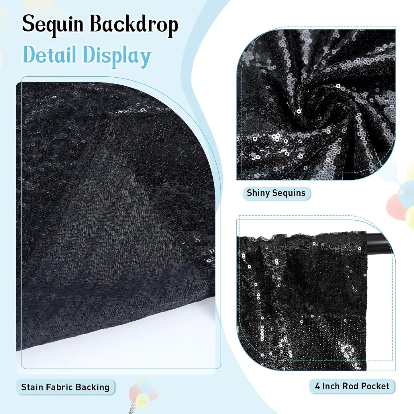 SquarePie Sequin Backdrop Less See Through Thick Background Glitter Curtain for Halloween Party 7FT x 7FT Black