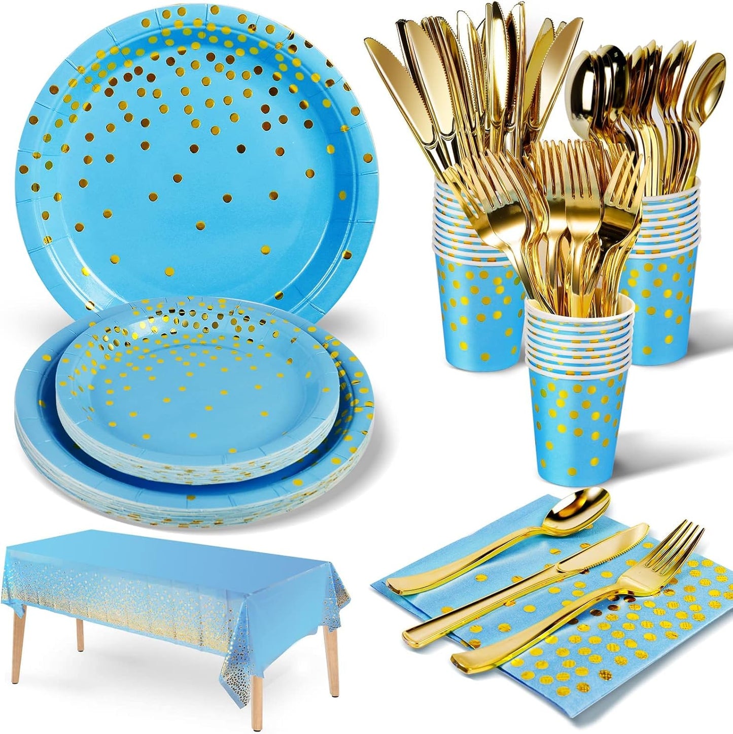 141 Pieces Sky Blue Gold Party Supplies, Party Dinnerware Sets Include Paper Plates Napkins Cups Silverware, for Wedding Bridal Shower Engagement Birthday Parties Decoration -20 Serves