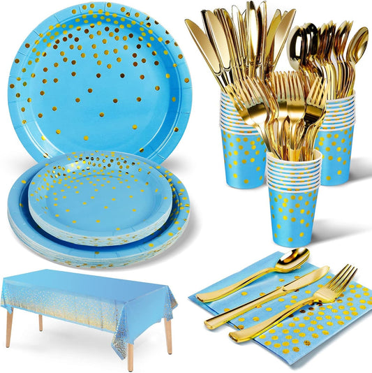 141 Pieces Sky Blue Gold Party Supplies, Party Dinnerware Sets Include Paper Plates Napkins Cups Silverware, for Wedding Bridal Shower Engagement Birthday Parties Decoration -20 Serves
