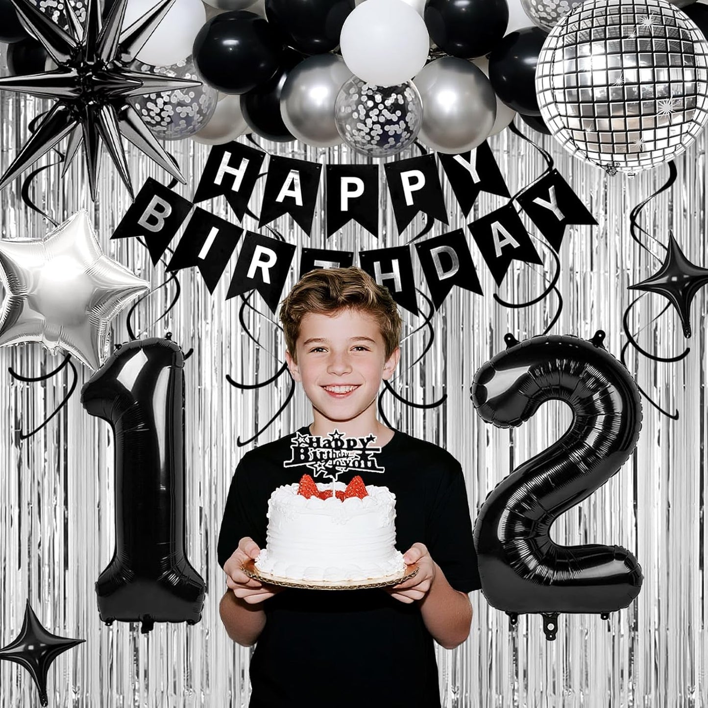 12th Birthday Decorations for Boys Girls, Black Silver Happy Birthday Party Decorations， 12 Year Old Party Supplies with Number 12 Balloons, Banner, Fringe Curtains Kit
