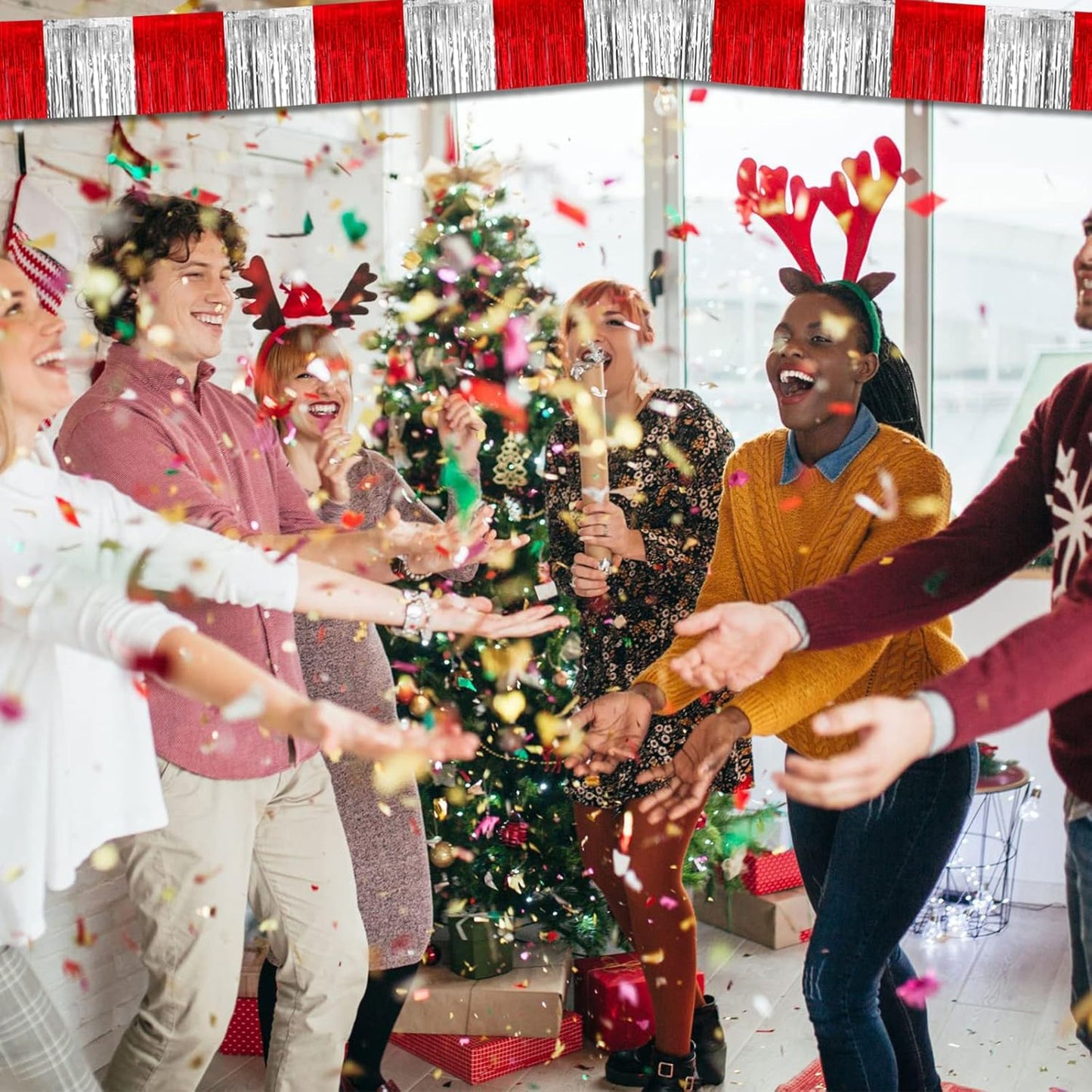 6 Pack 10 Feet Red Silver Foil Fringe Garland Metallic Tinsel Streamers Banner Wall Hanging Curtain Backdrop Banner for Parade Floats, Thanksgiving, Christmas, Birthday, Halloween Party Decorations